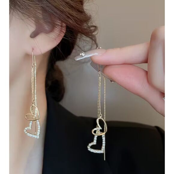 Gold & Crystal Open Hearts on Long Strands Earrings 3.15" - Picture 4 of 5